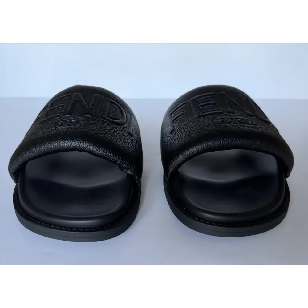 Fendi Men's Roma Leather Slide Sandals Black 9 US/8 UK IT 7X1649 NIB $750
